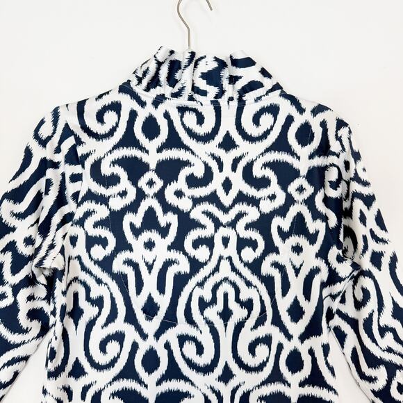 Gretchen Scott Jersey Ruffneck Dress Navy & White Arabesque Pattern Womens Small - Picture 7 of 12